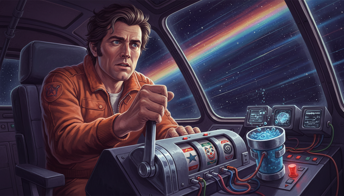 Lucky Fenway grips the Bingo Pod's chrome lever as three cosmic-symbol reels glow inside a cramped spaceship cockpit.