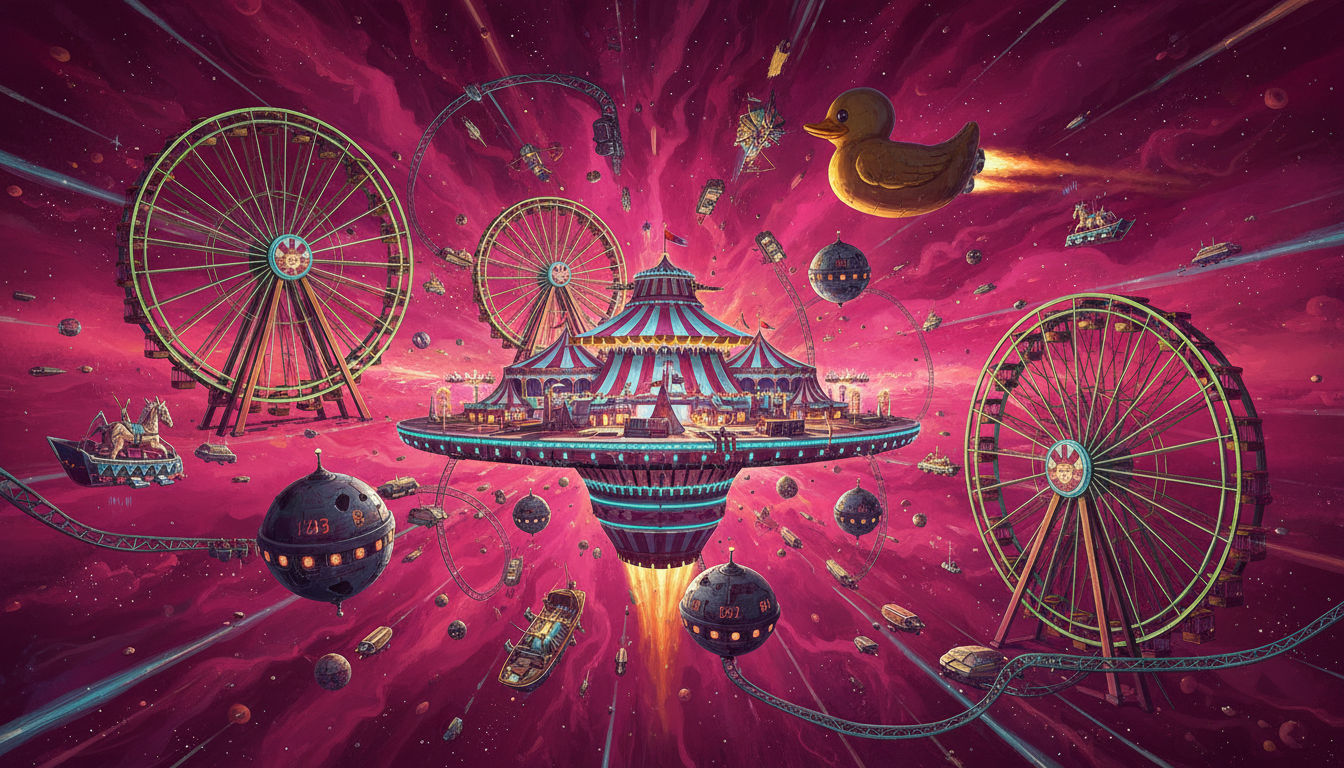 The Carnival Nebula surrounds Lucky's tiny Bingo Pod, with planetary-scale Ferris wheels, orbital casinos and an enormous illuminated circus tent.