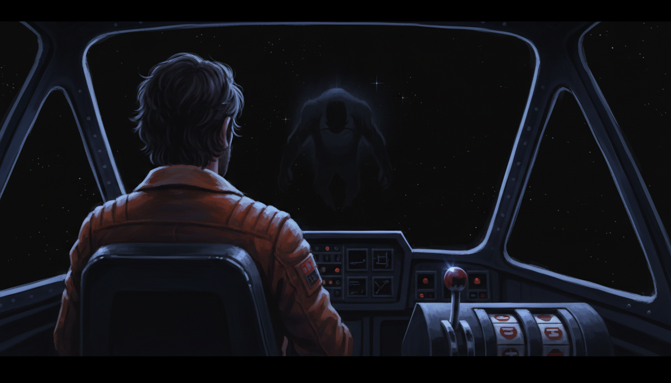 Lucky and Klink's powerless Bingo Pod drifts in an impossible black void as the silhouette of an immense unknown entity looms beyond the windshield.