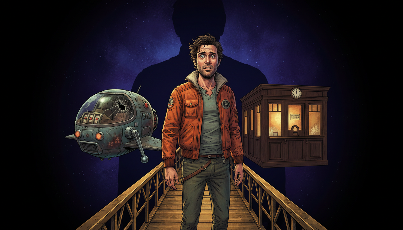 Lucky Fenway stands on a narrow walkway between the Bingo Pod and a station floating in a cosmic void.