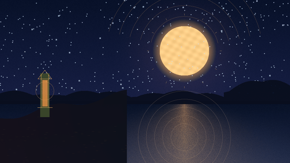 Original midnight-blue and deep-plum coastal landscape with a luminous golden Hunter's Moon mirrored across the water, a copper lantern, stars and celestial rings.