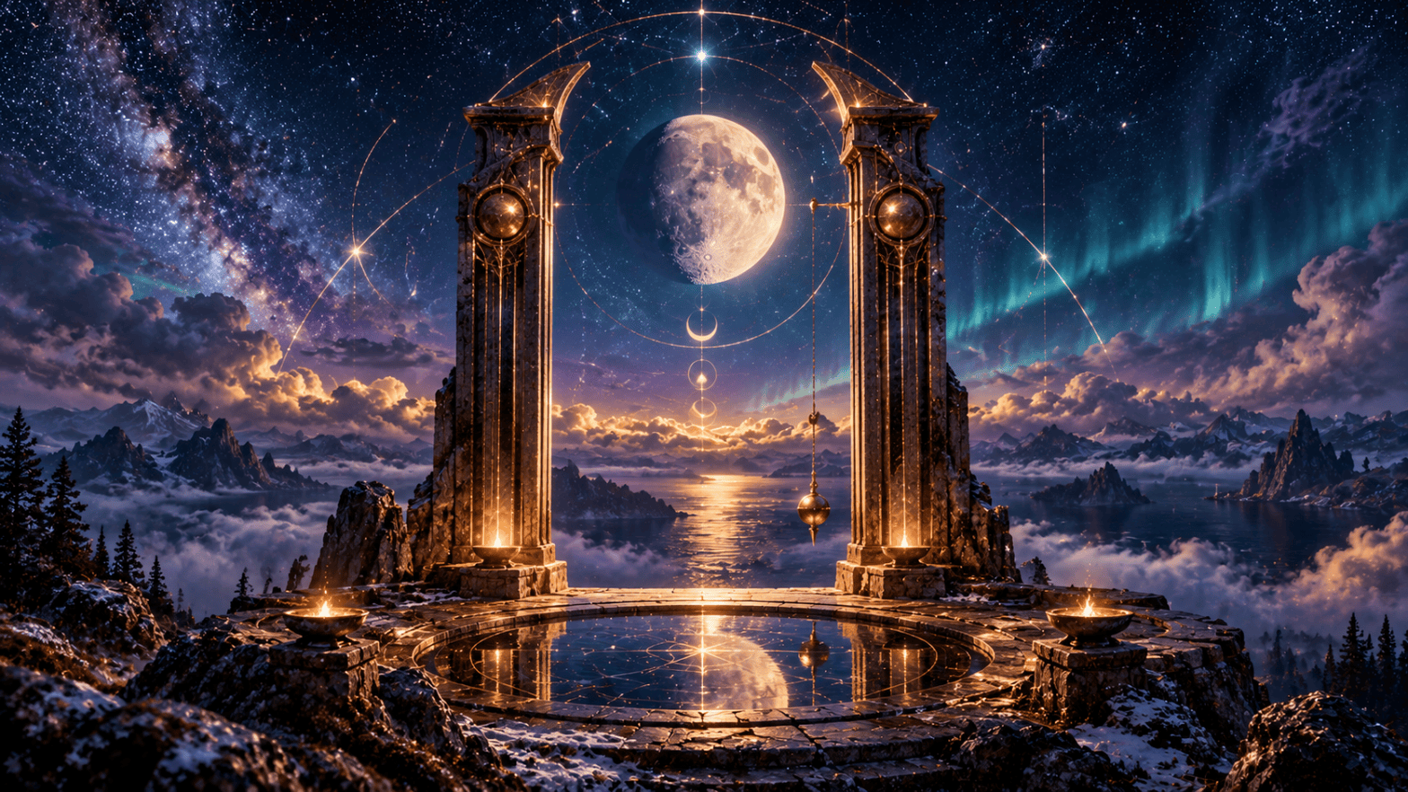 A waning Moon suspended between copper-gold pillars above a clouded northern horizon, framed by pale cyan celestial arcs.