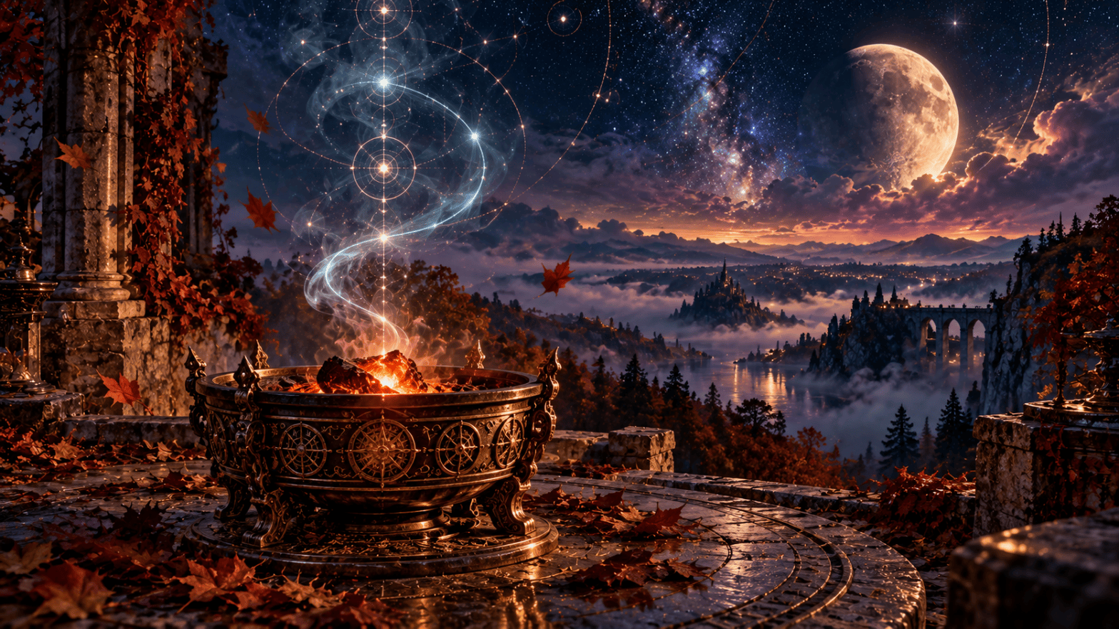 A copper-gold brazier holds glowing embers on an autumn observatory terrace beneath a waning Moon, with pale cyan celestial spirals over a misty valley.