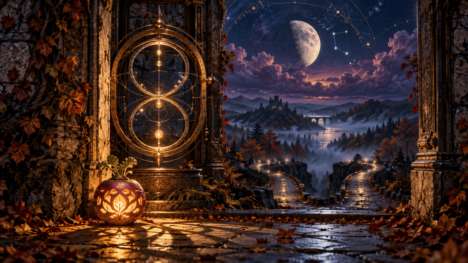 A glowing carved turnip lantern beside a copper-gold celestial hourglass at an autumn stone gateway, with a waning Moon above two winding paths in a misty valley.