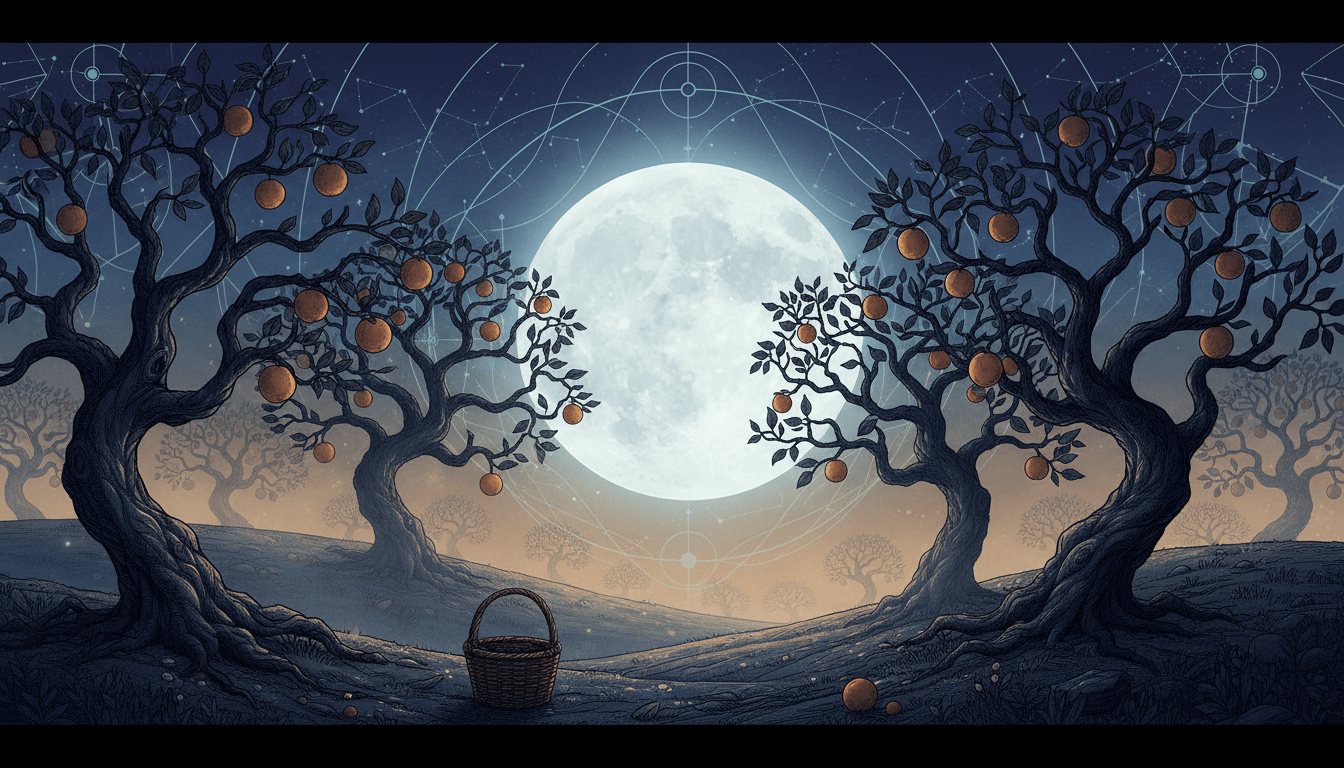 A luminous nearly full Moon rises over an autumn orchard of dark trees and copper-gold fruit, with a harvest basket beneath a deep blue celestial sky.