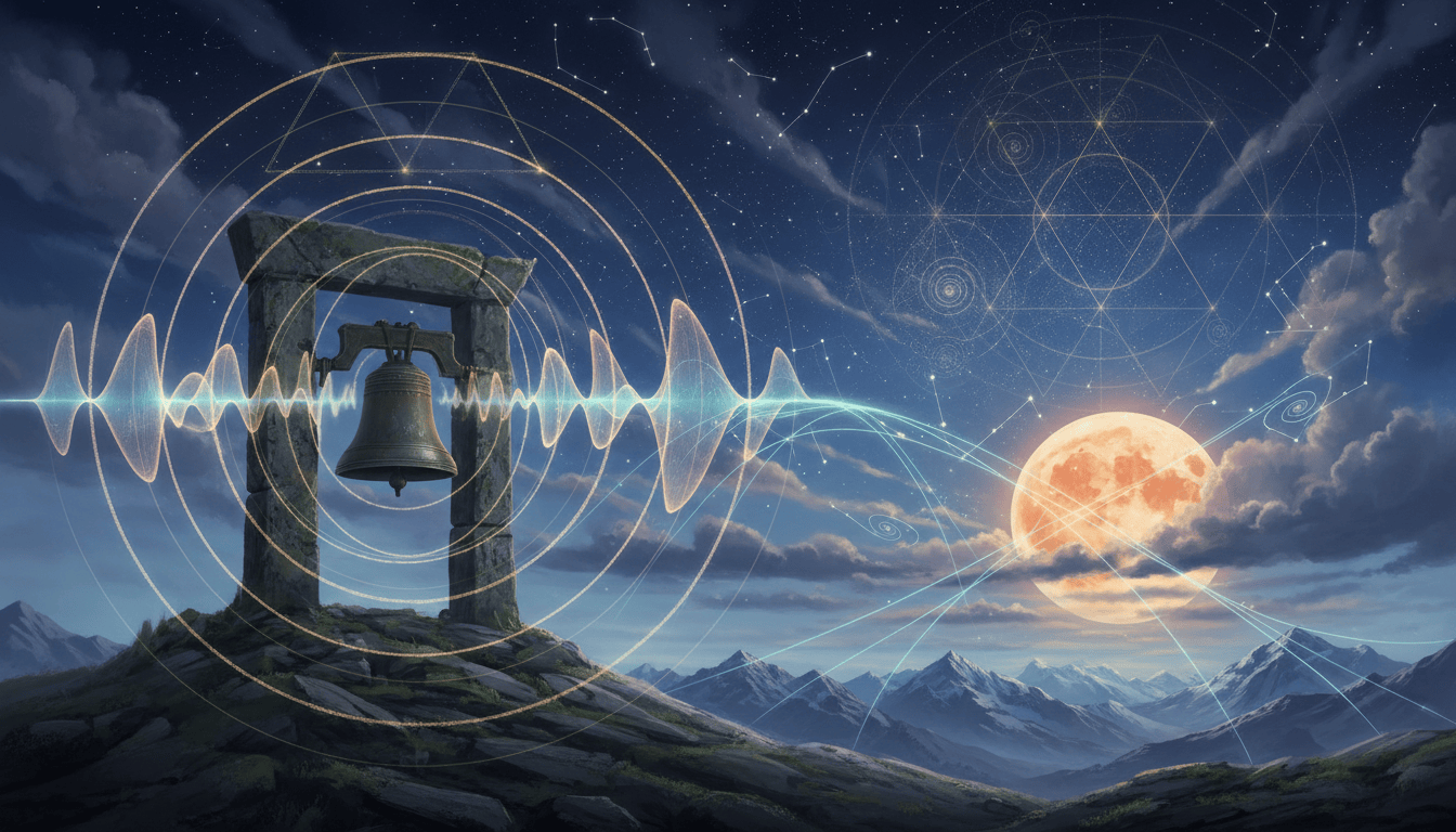 An antique bronze bell hangs beneath a stone arch as luminous rings drift into a starry sky beneath a nearly full autumn Moon.