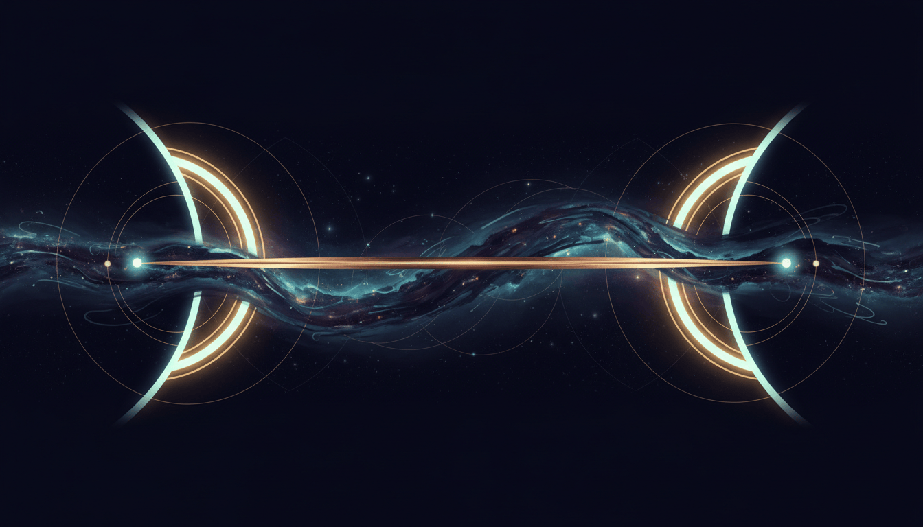 Abstract celestial geometry showing two luminous planetary arcs connected by a slender copper-gold bridge above a flowing midnight-blue and plum current, with pale cyan lights at both ends.
