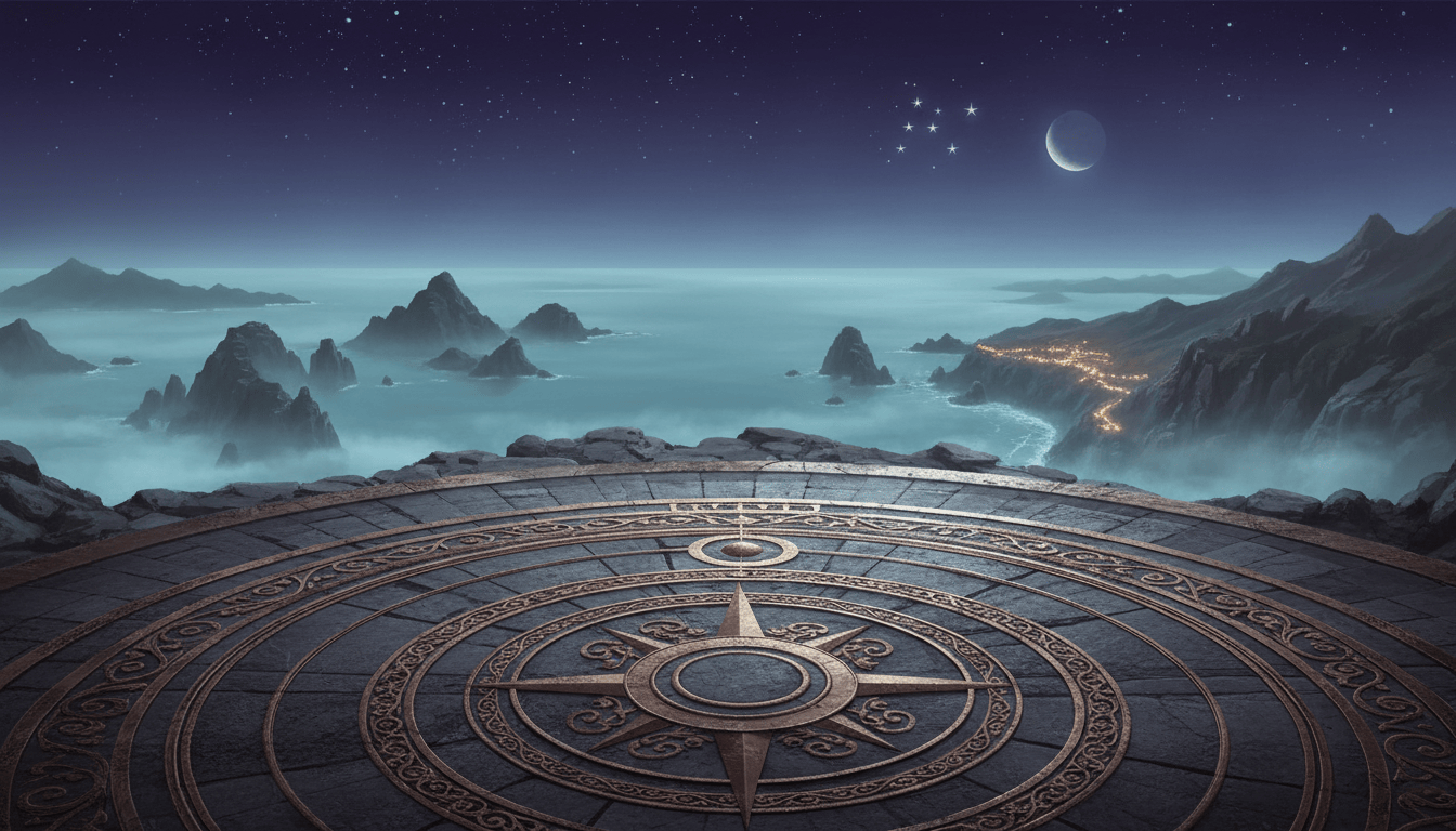 A bronze compass rose on an ancient coastal observatory beneath a waning Moon, seven stars, and celestial circles over a misty sea.