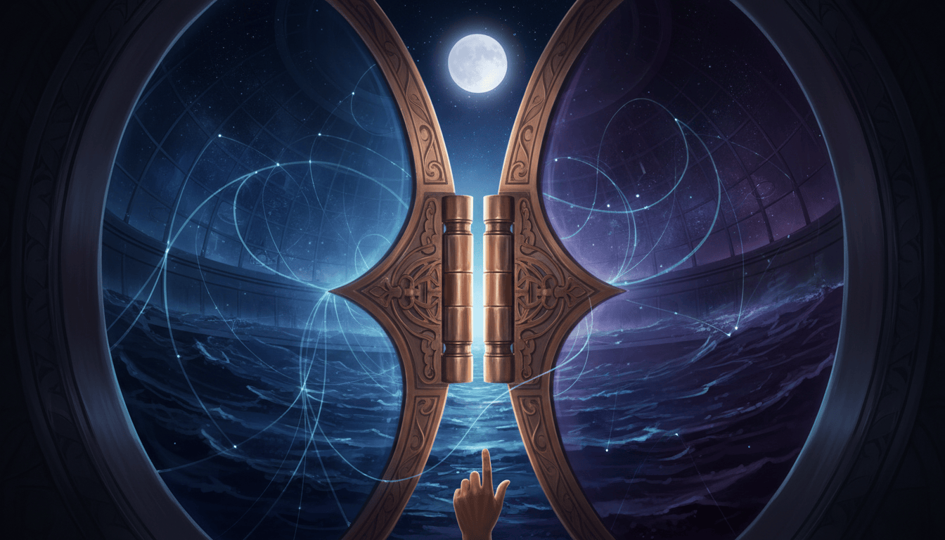A copper-gold hinge joins two great celestial doors, one opening toward blue observatory geometry and the other toward deep indigo waters, while a hand approaches the threshold under a waxing Moon.