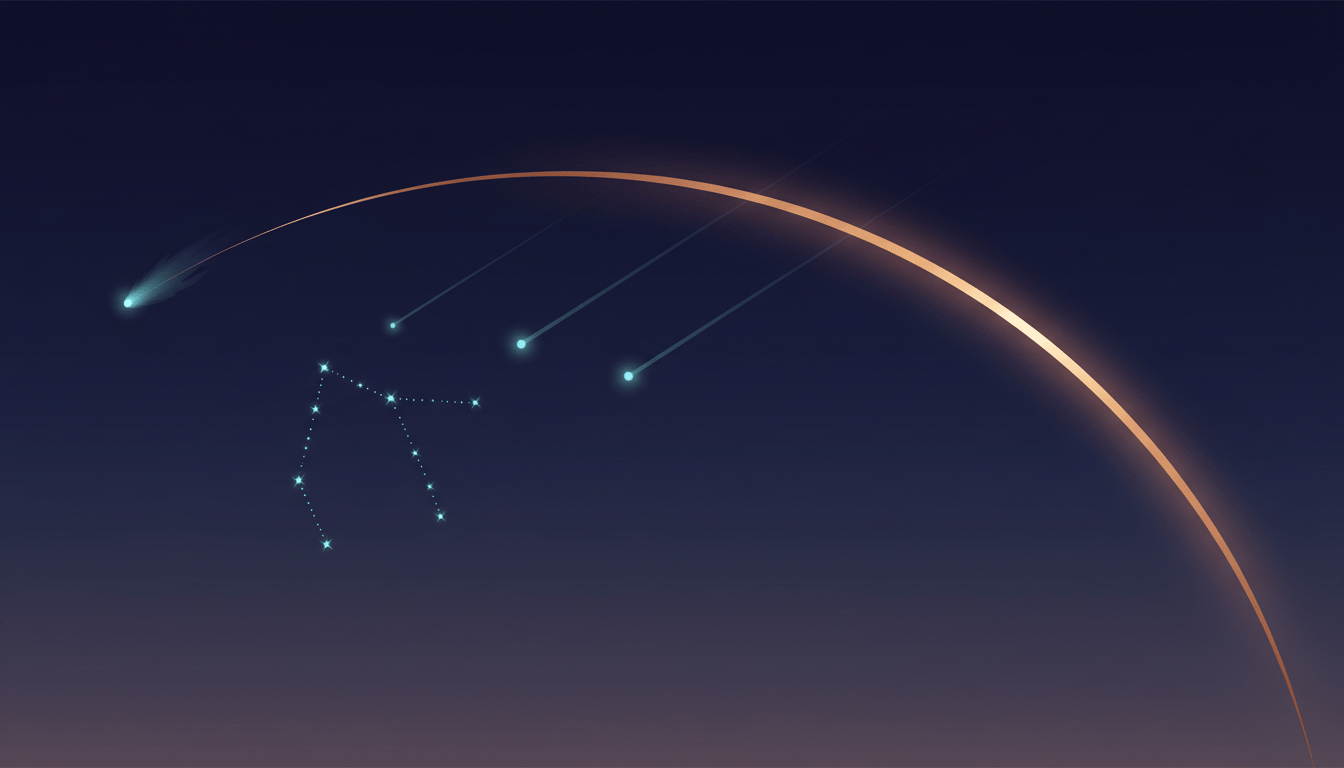 Celestial illustration of pale cyan Orionid meteor trails apparently radiating near Orion, with a separate copper-gold orbital arc leading to a distant comet against a midnight-blue and plum sky.