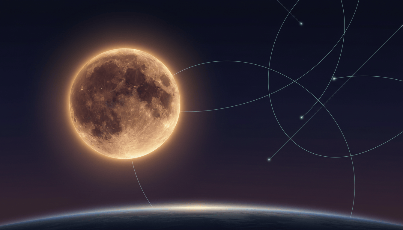 Celestial illustration of a bright waxing gibbous Moon illuminating Earth's horizon while faint cyan meteor trails remain visible in a darker section of the midnight-blue and plum sky.
