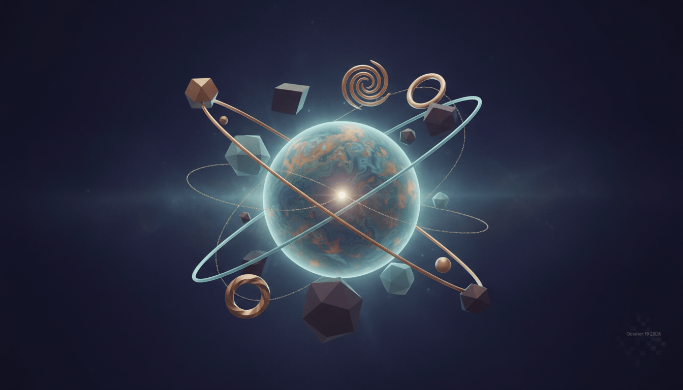 Abstract celestial geometry with a softly illuminated globe, intersecting copper and cyan orbital paths, and a fine golden thread against midnight blue and deep plum.