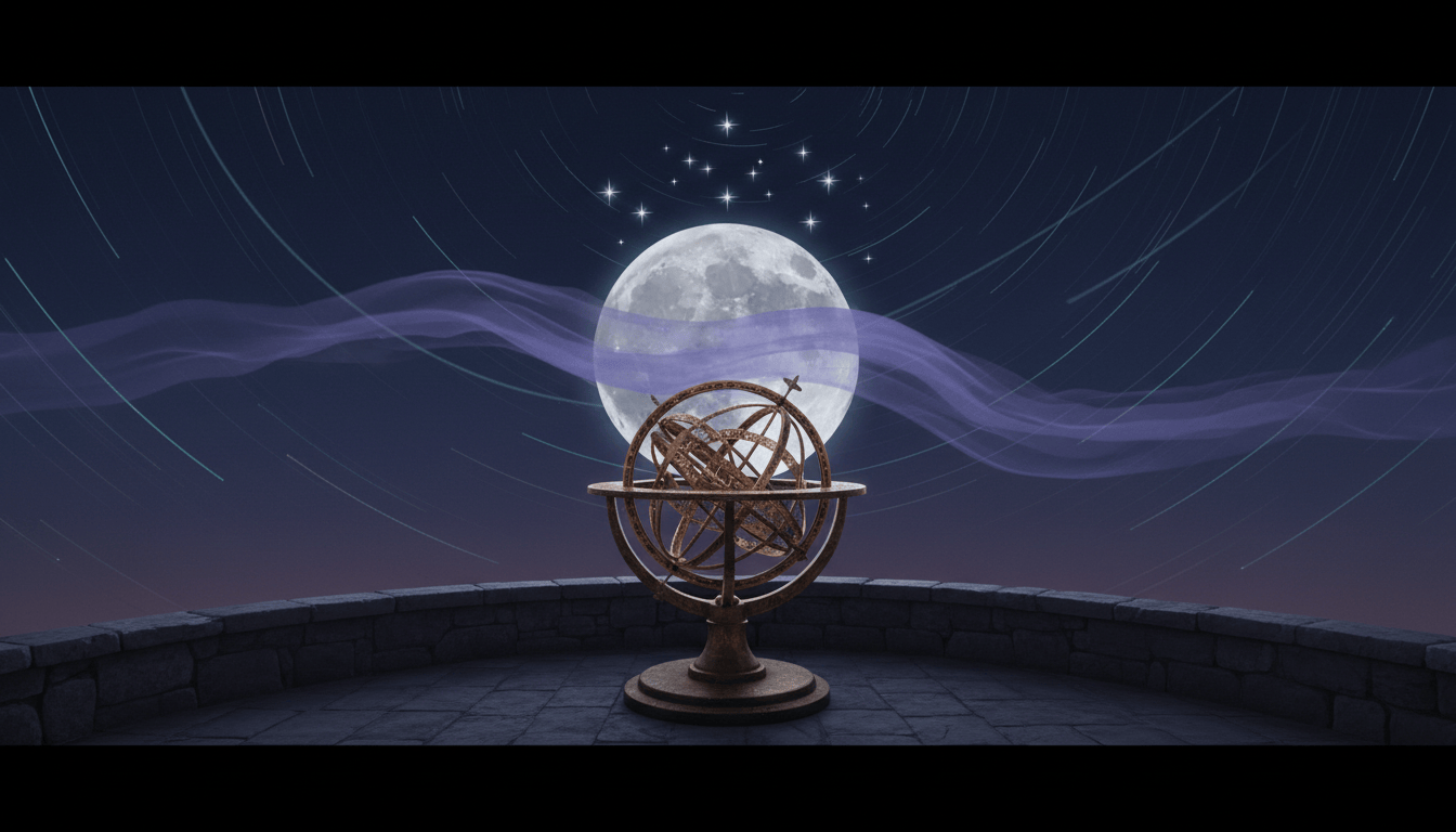 Seven stars shine above a silver Moon partly veiled by violet clouds, with a brass armillary sphere overlooking a dark coastal horizon.