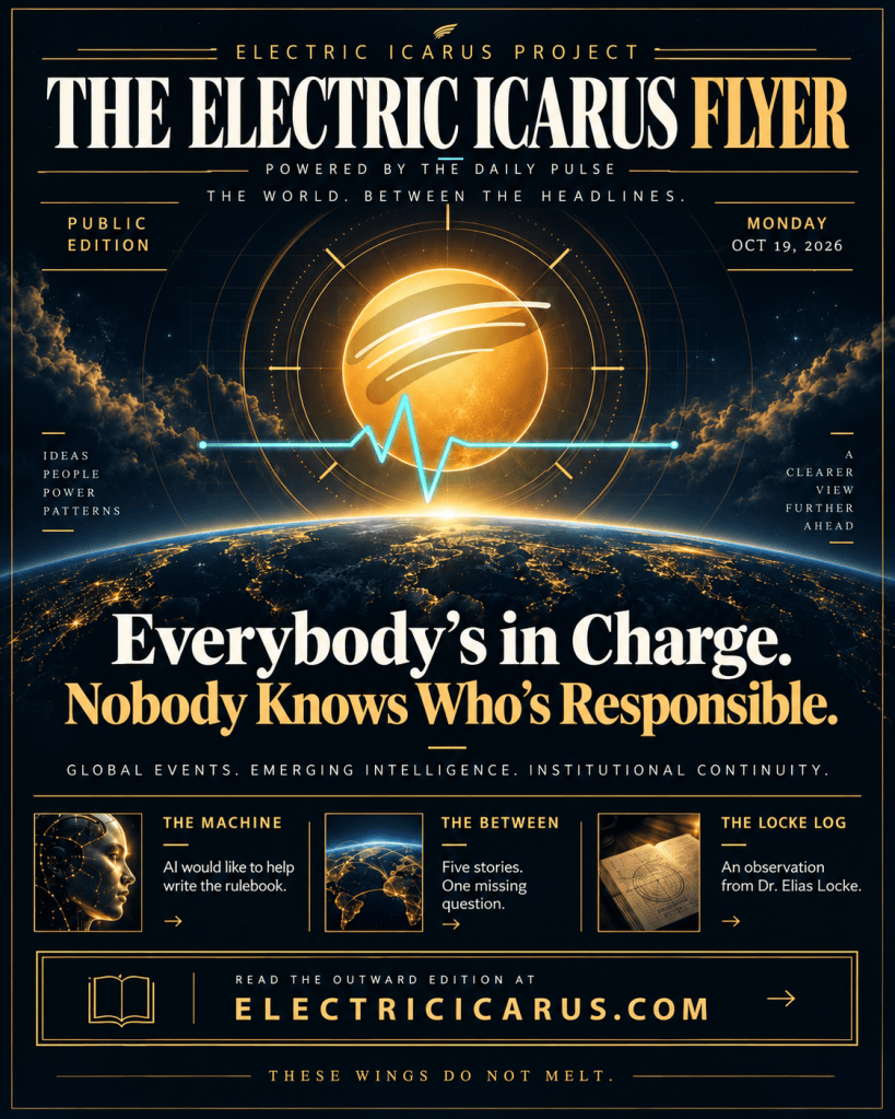The Electric Icarus Flyer, public edition for October 19, 2026: Everybody’s in Charge. Nobody Knows Who’s Responsible.