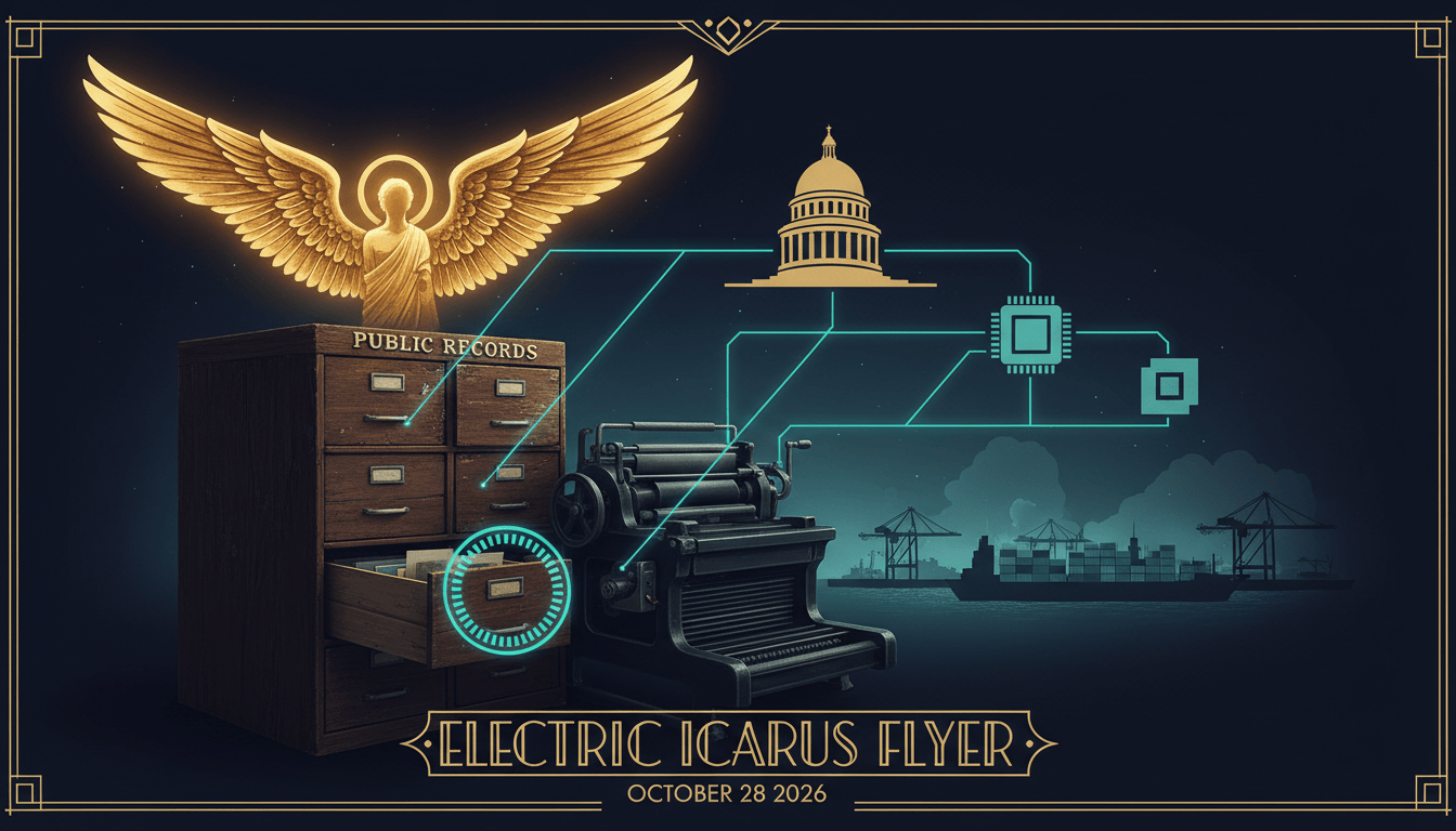 Golden Icarus wing arcs over a public records cabinet and printing press as cyan network lines connect civic buildings, microchips and shipping routes against a dark navy sky.