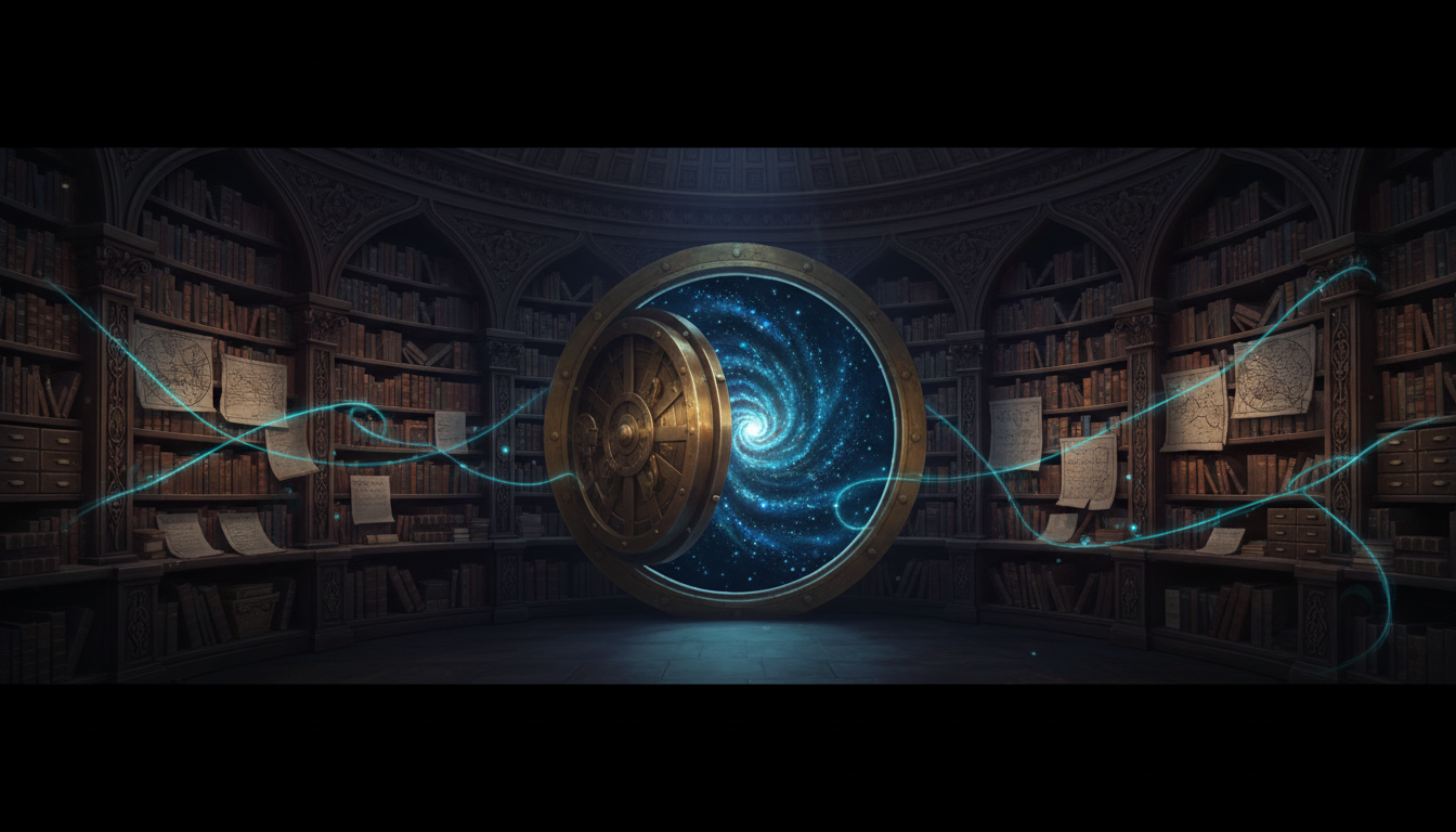 A luminous library of archival shelves and manuscripts opening onto a celestial golden vault.