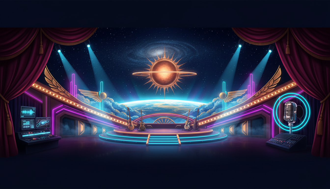 Neon-lit Electric Icarus theater, broadcast microphone and production consoles surrounding a golden celestial horizon.