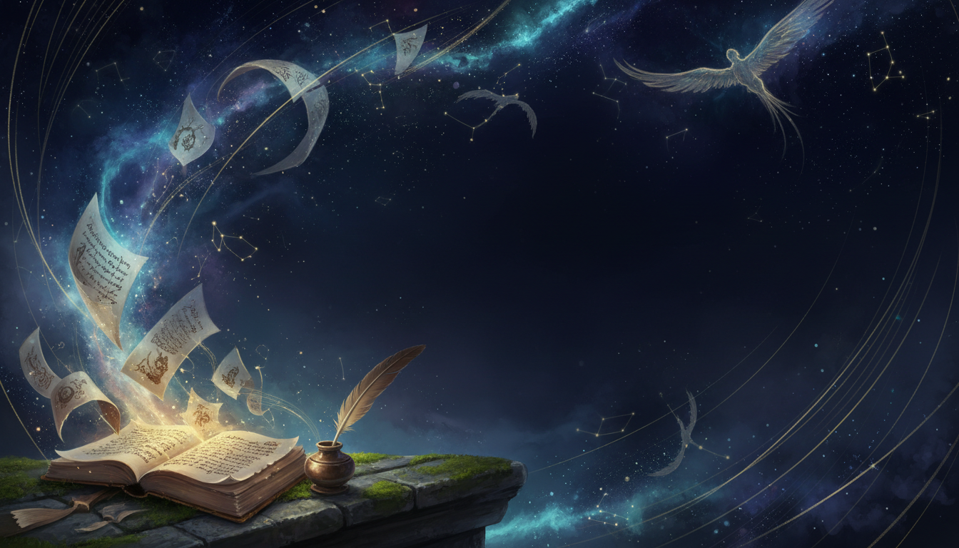 An open book releasing golden constellations beneath the night sky.