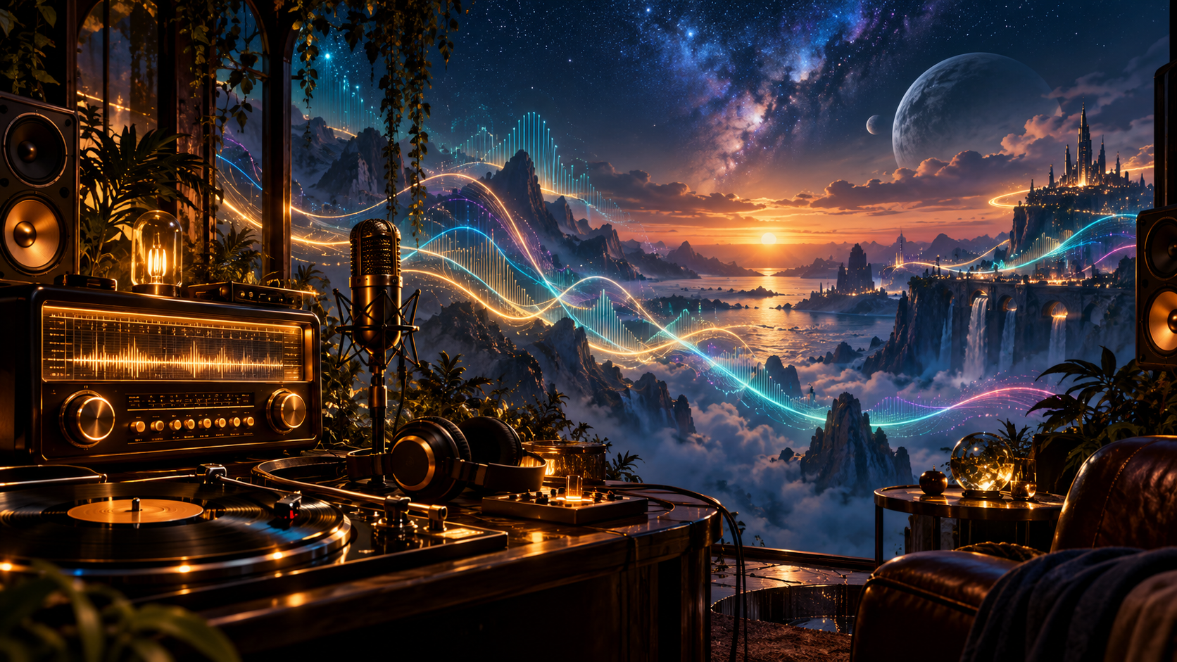 Vintage radio broadcasting luminous sound waves across a cosmic landscape.