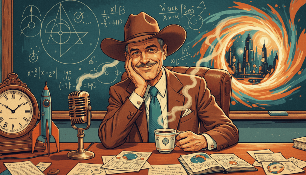 Retro illustration of fictional Dr. Elias Locke at a coffee-strewn desk with a brass microphone, clock, and glowing portal