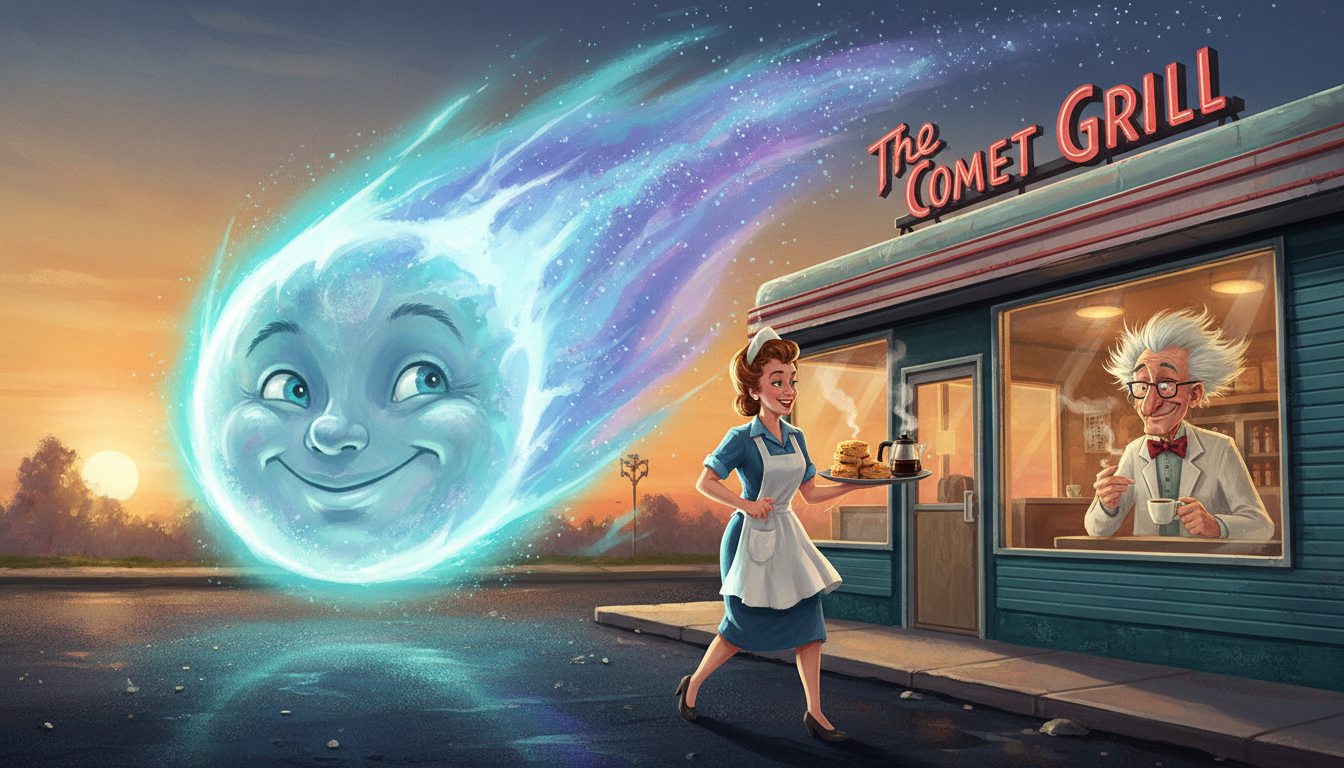 A glowing comet visits a vintage roadside diner as a waitress carries biscuits and coffee and an eccentric scientist looks on.