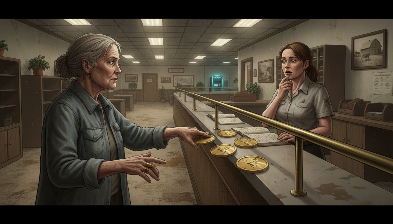 Evelyn Rusk deposits unusual gold coins on the counter of the First Community Bank.