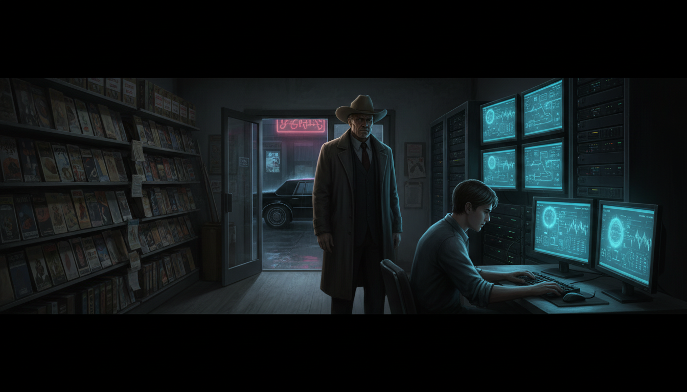 A hidden financial monitoring room inside a shuttered video rental store.