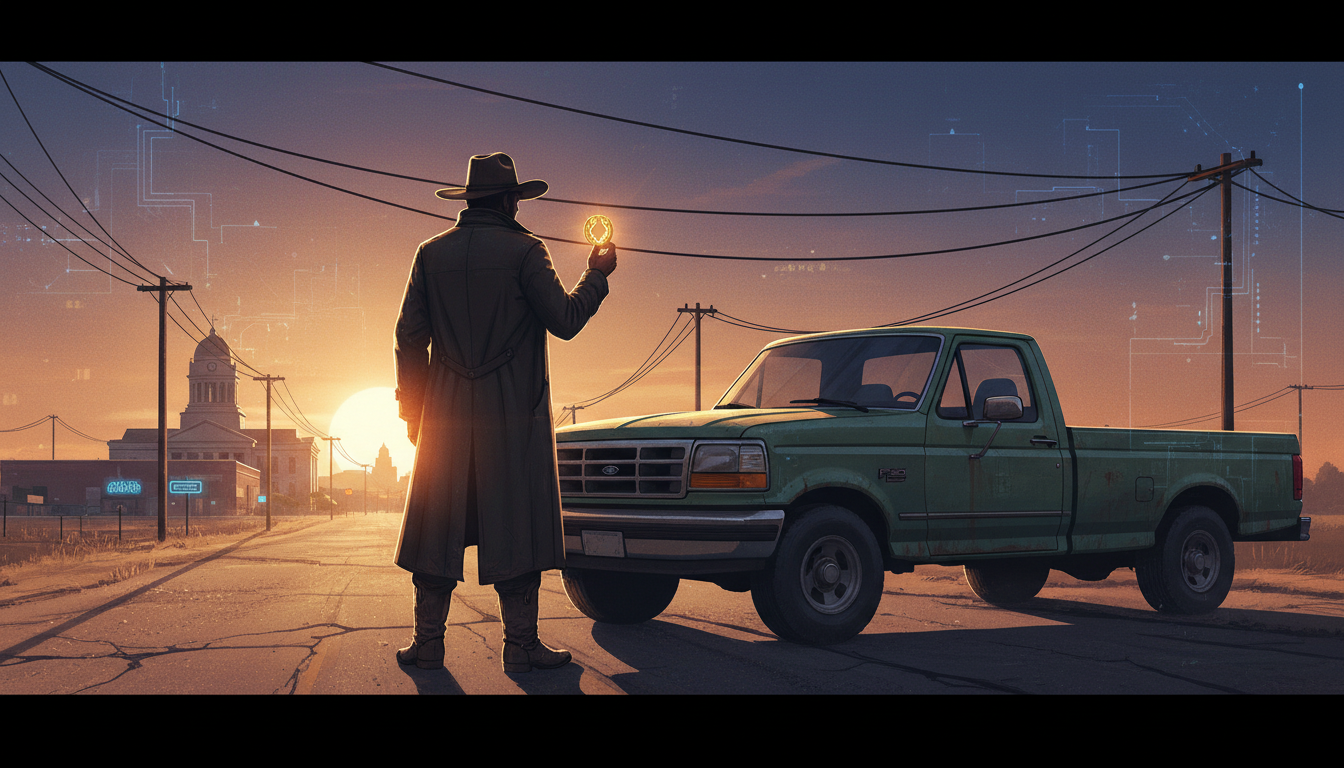 The Stag stands outside Orison at golden hour, holding an unmarked coin.