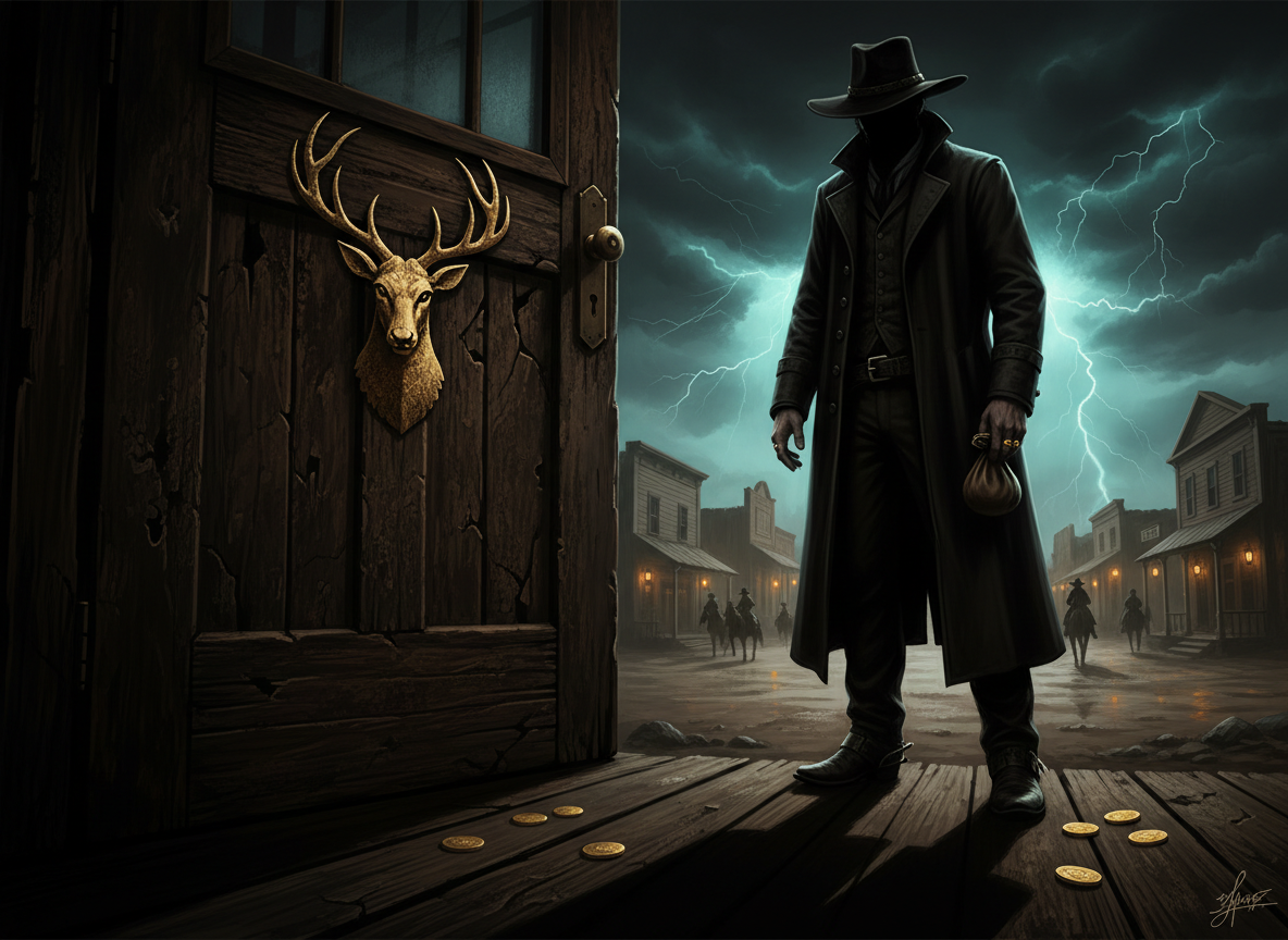 Golden stag emblem on a mysterious frontier doorway at night.