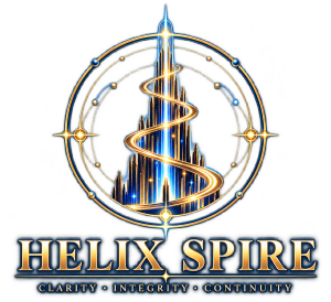 Helix Spire emblem: a luminous spiral tower within an orbital seal