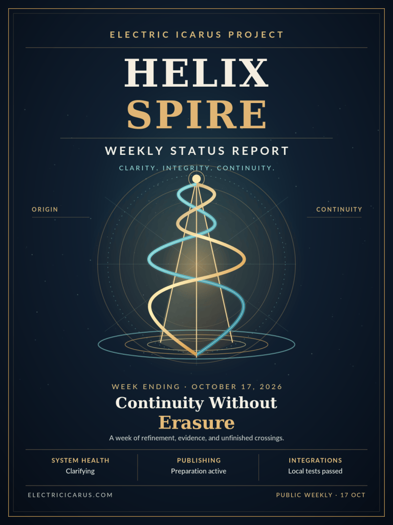 Helix Spire Weekly cover, week ending October 17, 2026, Continuity Without Erasure