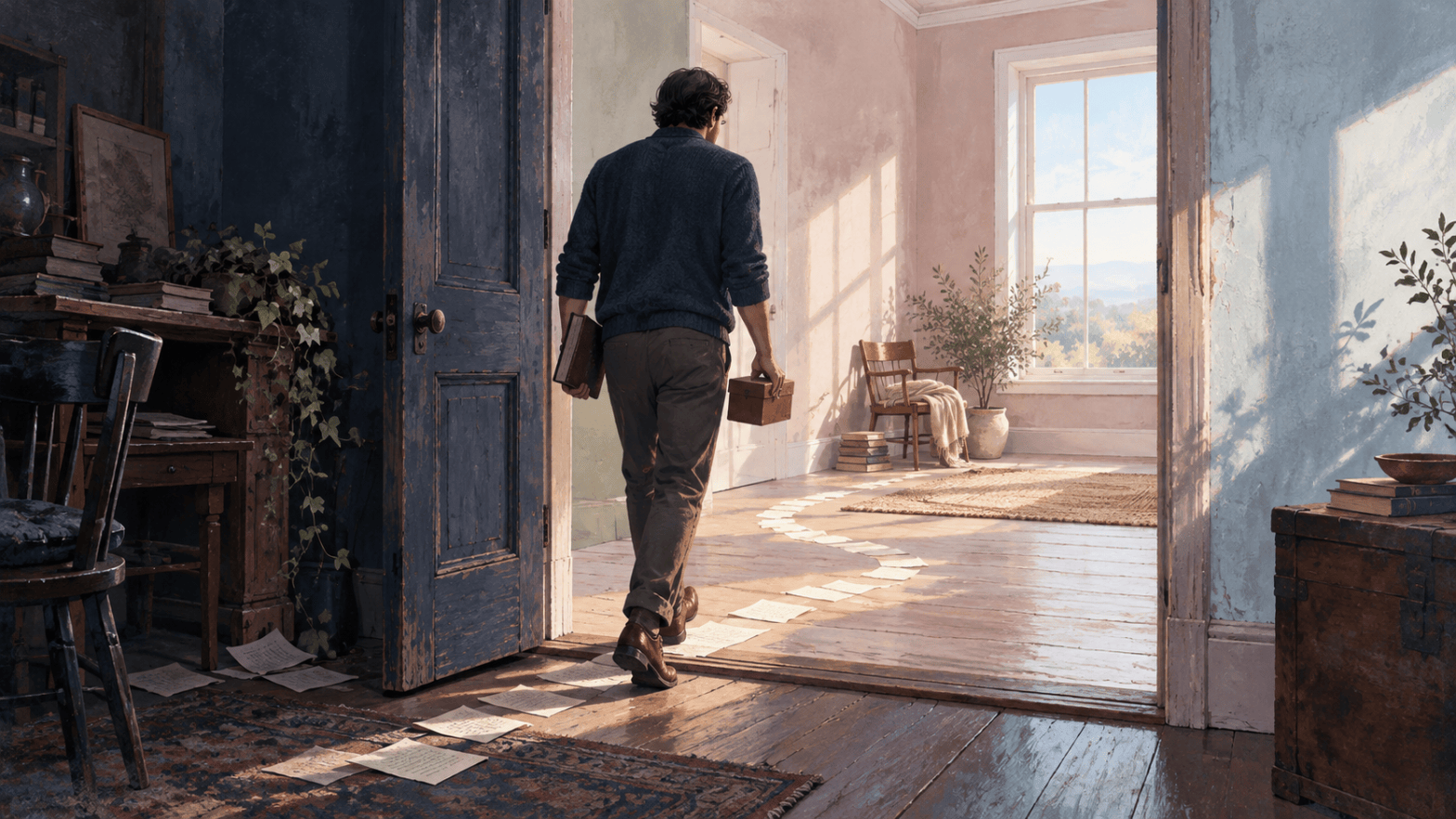 A figure carries a journal and a small box across a doorway from shadow into a sunlit room as pages trail along the floor.