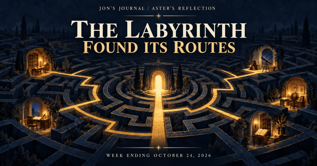Deep navy labyrinth with illuminated study rooms and gold paths converging on a central doorway, titled The Labyrinth Found Its Routes, week ending October 24, 2026.