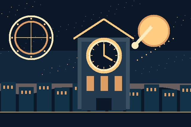 Original retro science-fiction illustration of a small-town clock tower whose minute hand has floated away