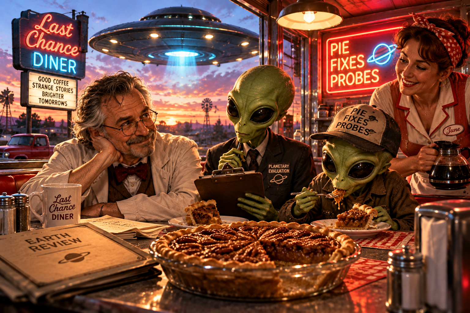 Dr. Elias Locke, Miss June, and two alien inspectors share pecan pie at the Last Chance Diner beneath a flying saucer