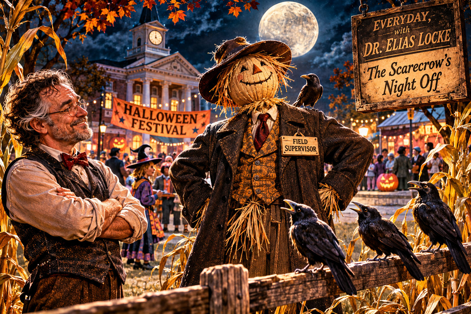 Dr Elias Locke observes Mr October, a scarecrow at a moonlit Halloween festival, with crows and autumn decorations