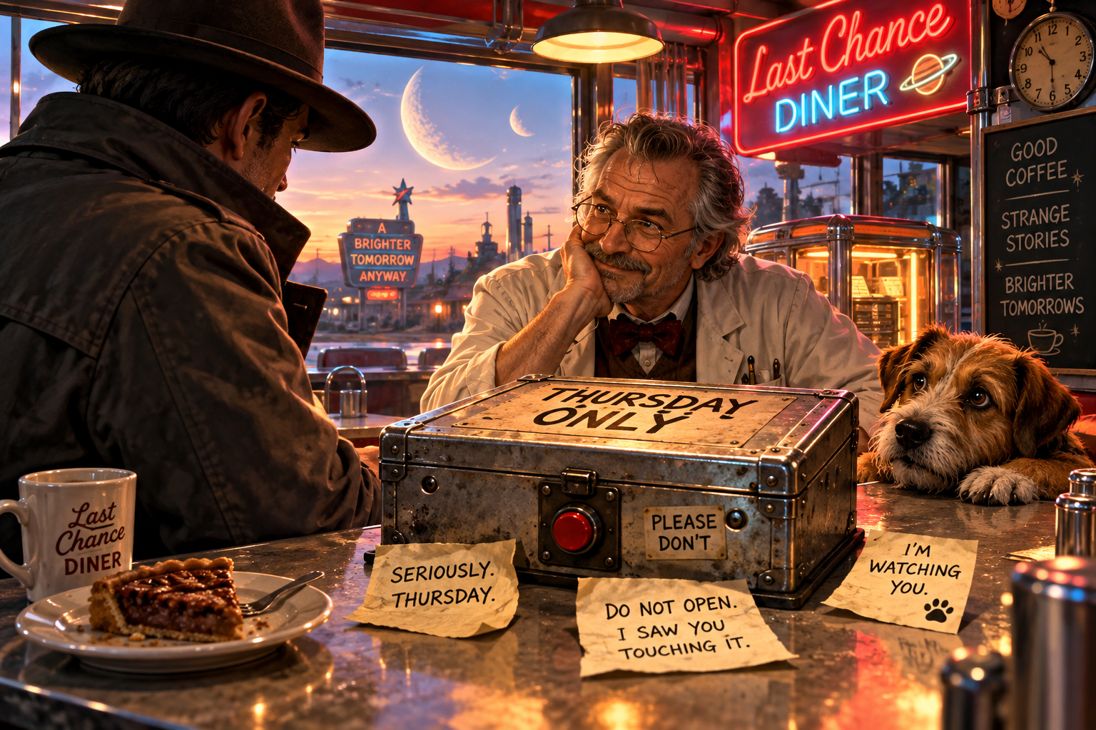 Dr. Elias Locke and a mysterious time traveler with a Thursday-only box at the Last Chance Diner