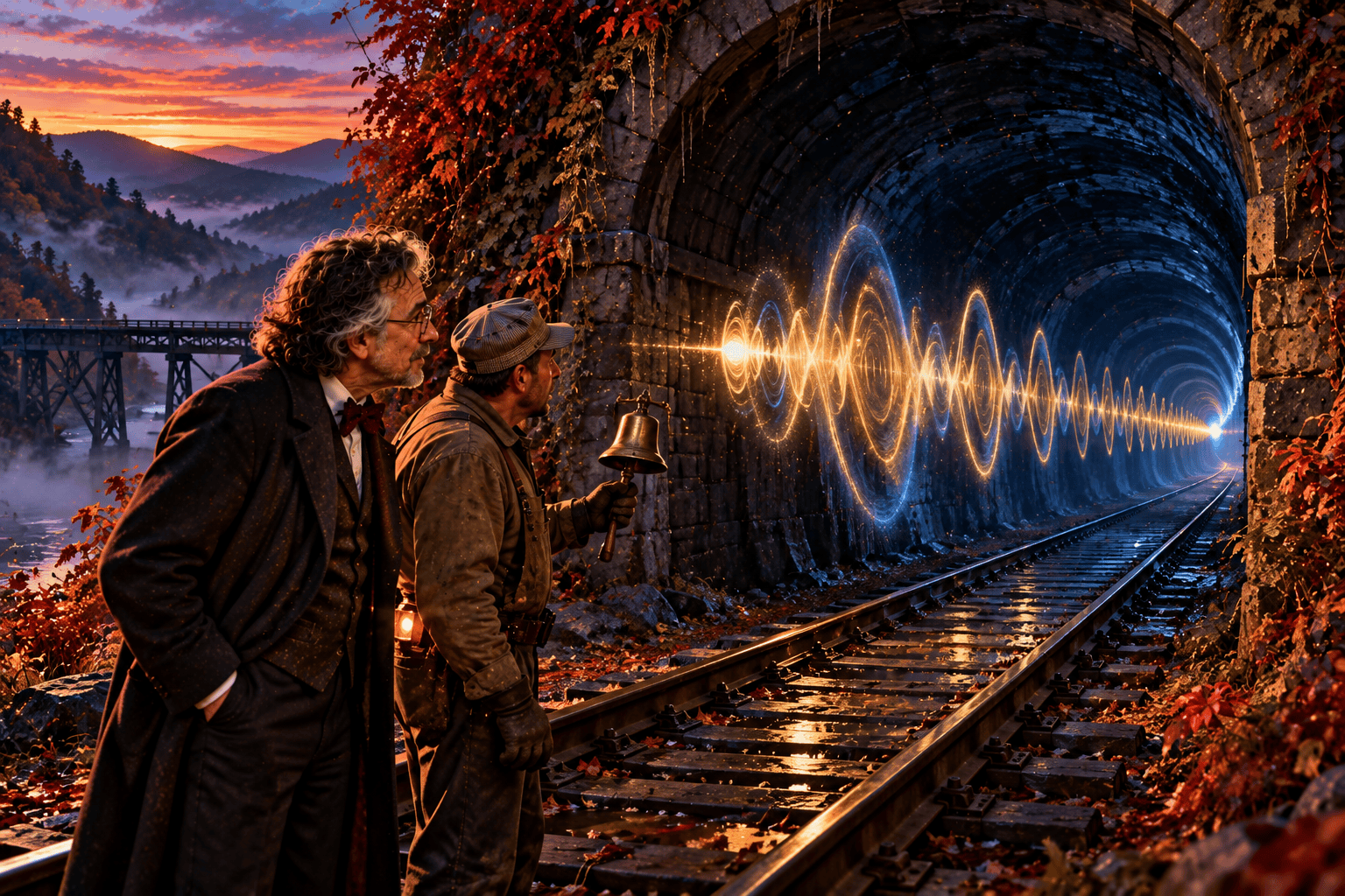 Dr Elias Locke and a railway worker watch a luminous echo travel backward through an old railroad tunnel