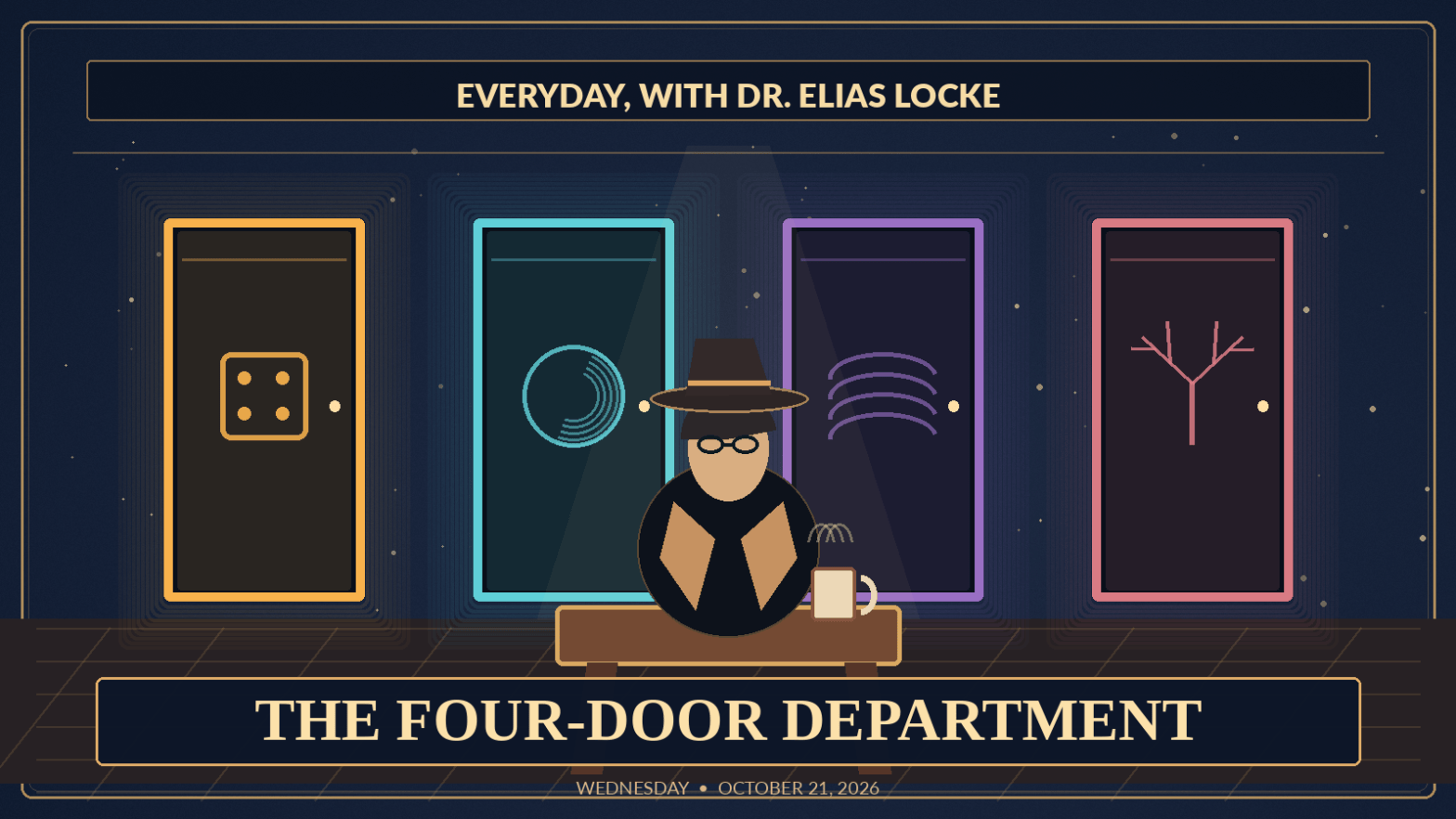Retro science-fiction illustration of Dr. Elias Locke and four mysterious theater doors.