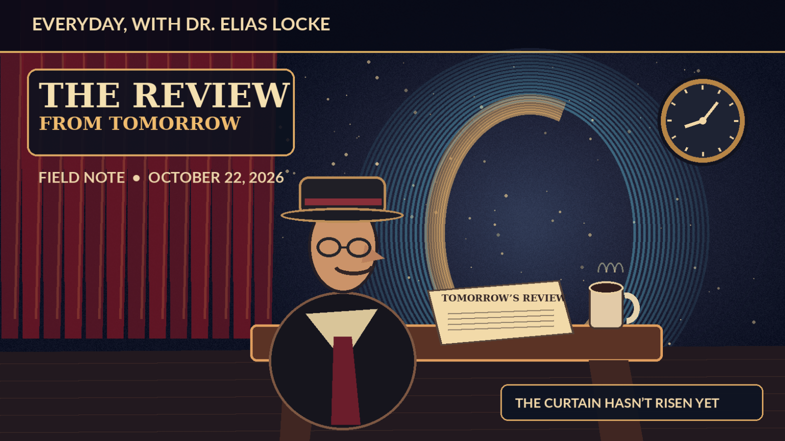 Retro science-fiction illustration of Dr. Elias Locke with a premature theater review, clock, and cosmic portal.