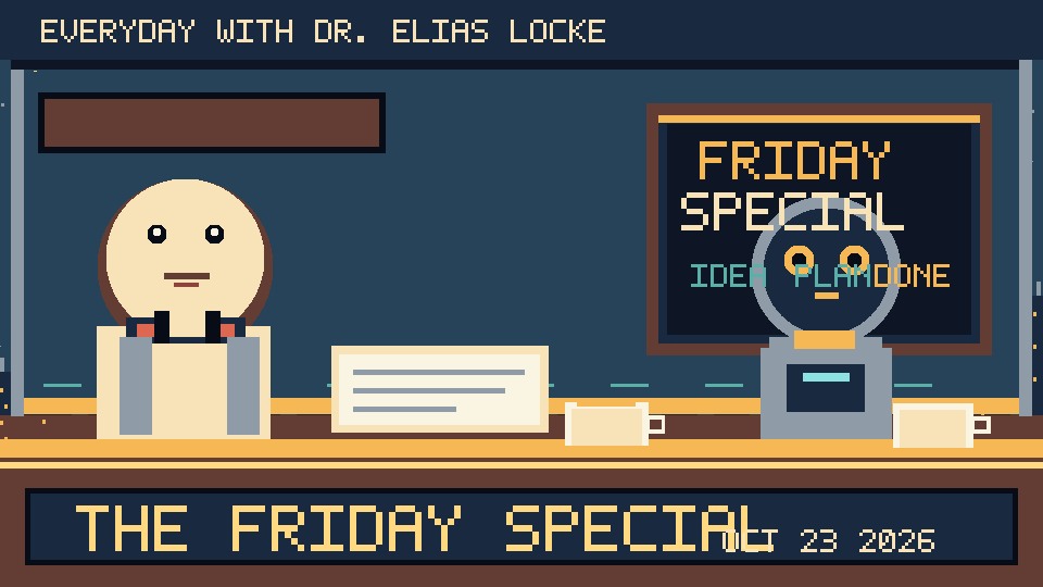 Original retro pixel-art illustration of Dr. Elias Locke and a robot waiter at a futuristic diner, with the headline The Friday Special.