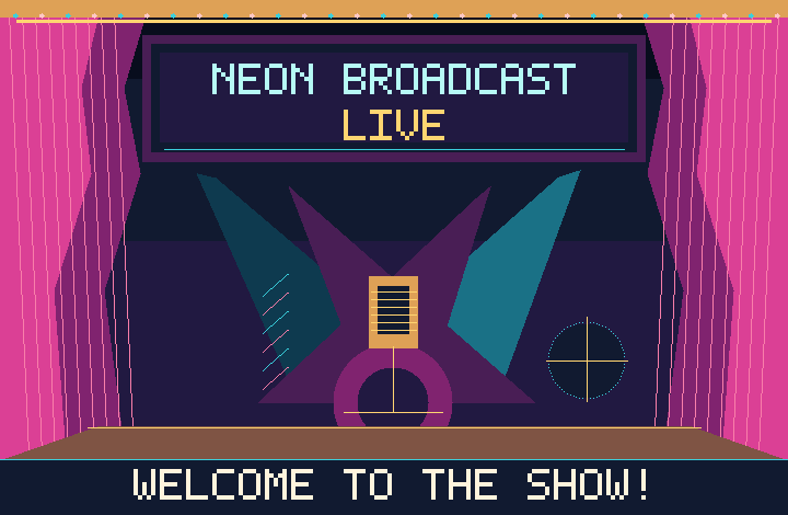 Neon pink and teal theater illustration with a lit stage, microphone, drums, and welcome marquee