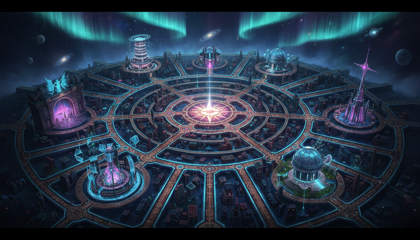 A radiant compass in a neon labyrinth connecting creative worlds through glowing paths