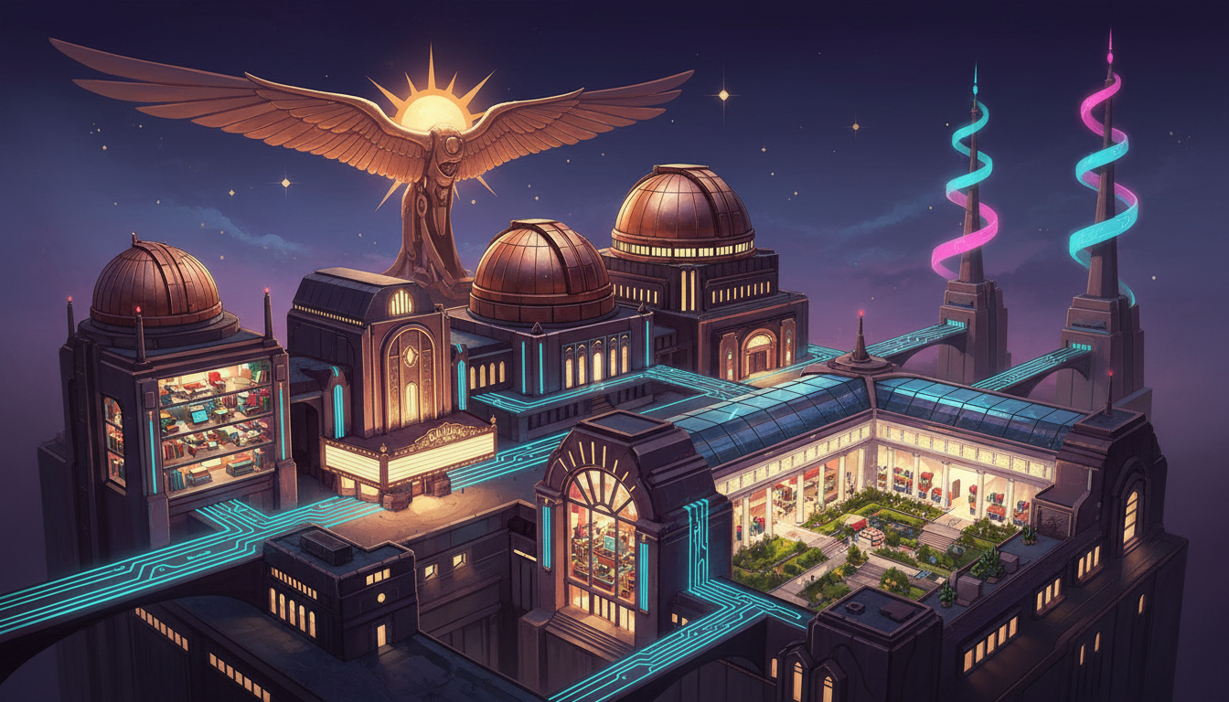 Connected neon-lit theaters, observatories, broadcast studios and academy under a golden Icarus sun.
