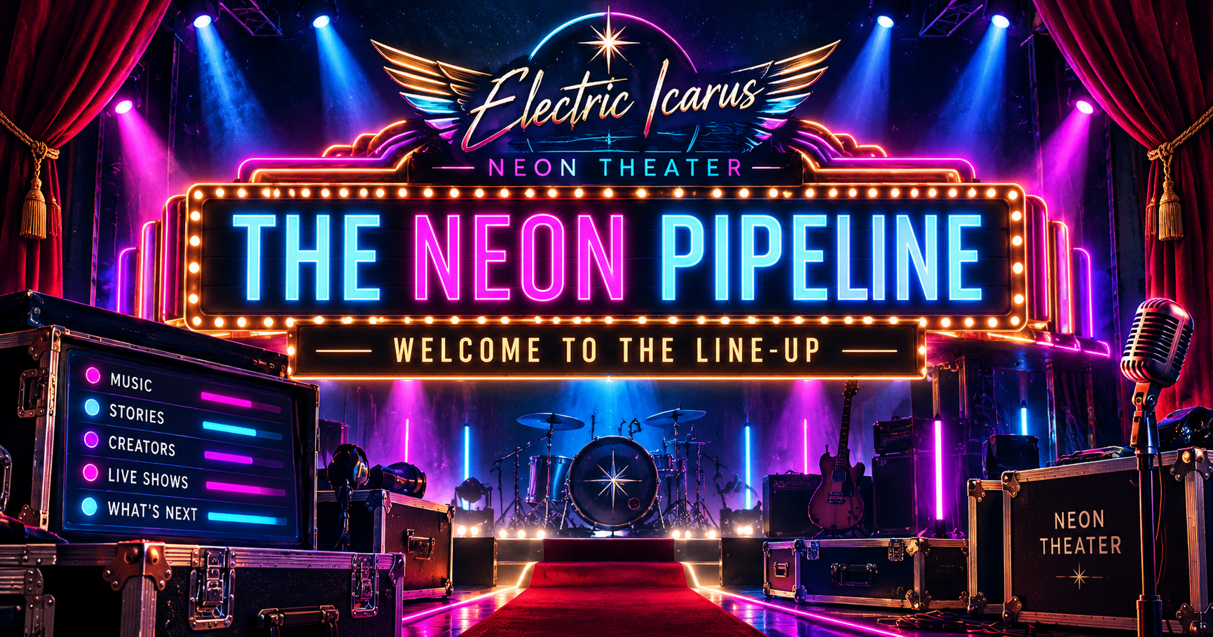 Electric Icarus Neon Theater marquee illuminated in electric cyan and magenta reading The Neon Pipeline — Welcome to the Line-up, with stage lights, microphones, drums and production gear