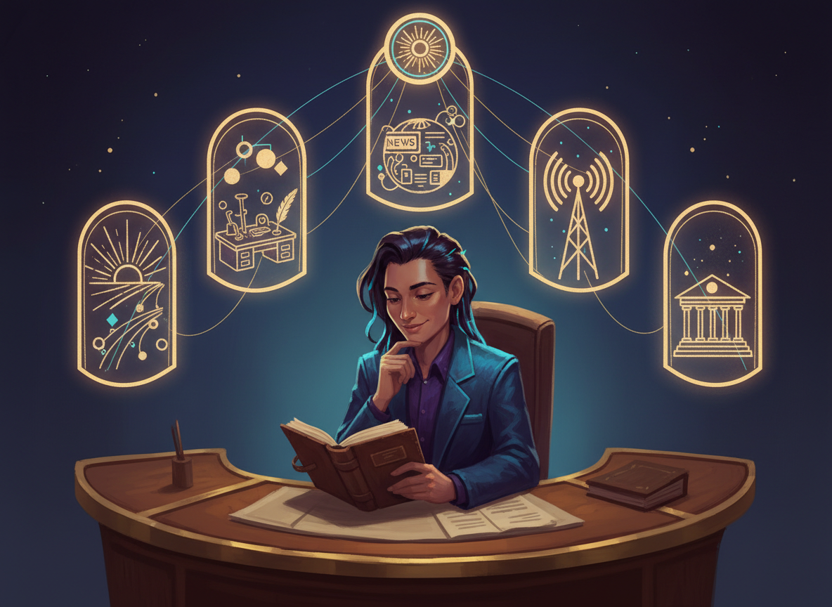 An approachable illustrated Aster presenter at a warm observatory desk, reviewing the day's connected broadcasts beneath a midnight sky.