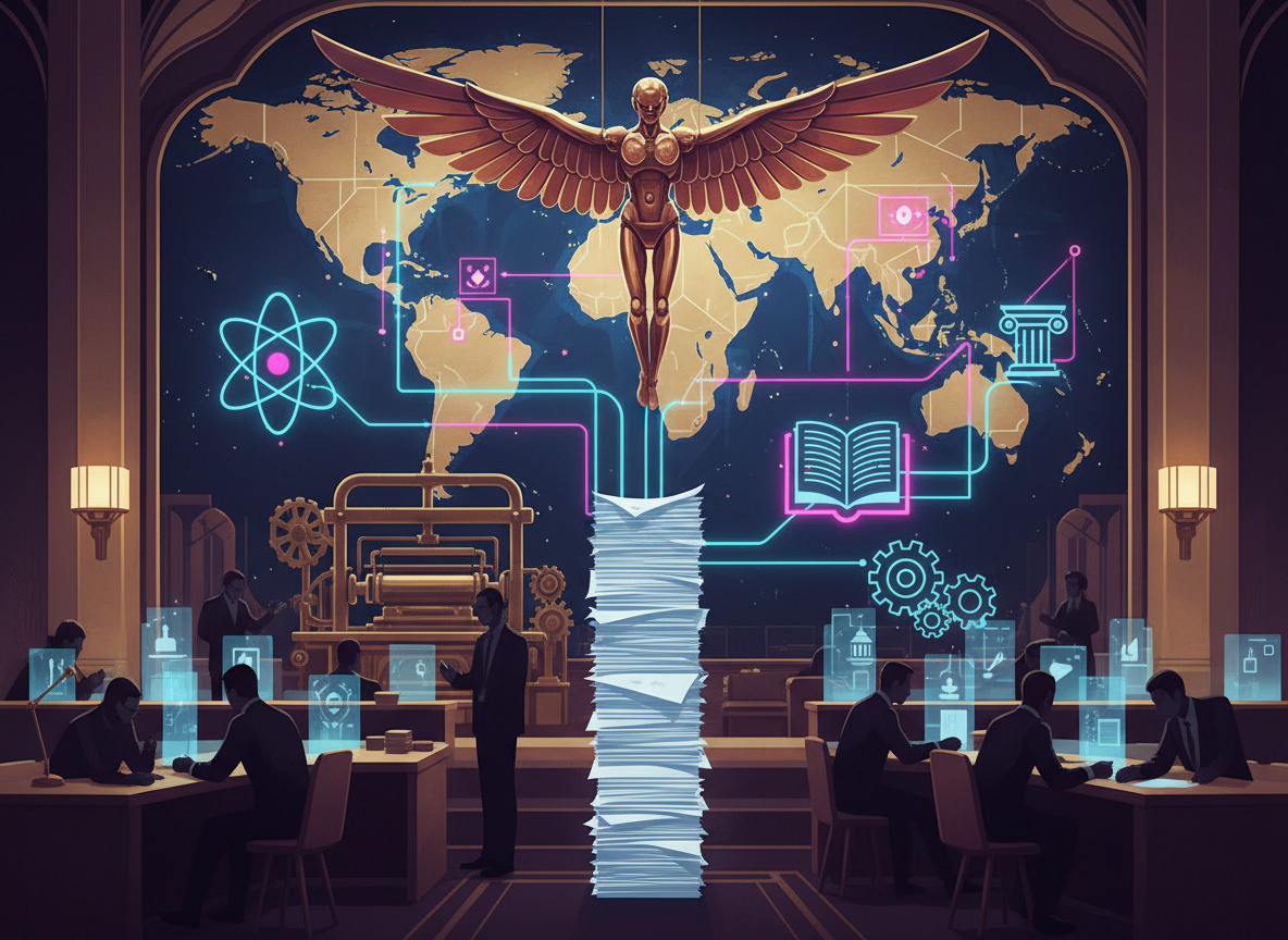 A copper-gold wing illuminates a nighttime newsroom with global maps, a printing press, and interconnected stories.