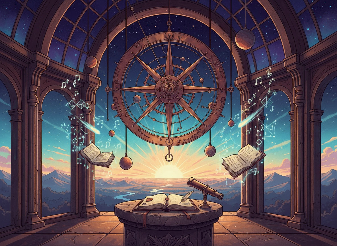 Sunrise through a celestial observatory as a golden compass and sky charts invite daily reflection.
