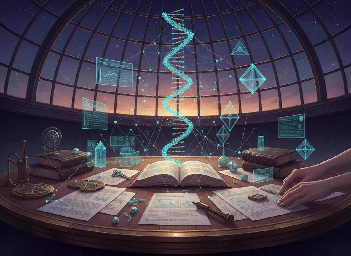 A study table charts weekly discoveries with interconnected documents, luminous research threads, and a golden helix diagram.