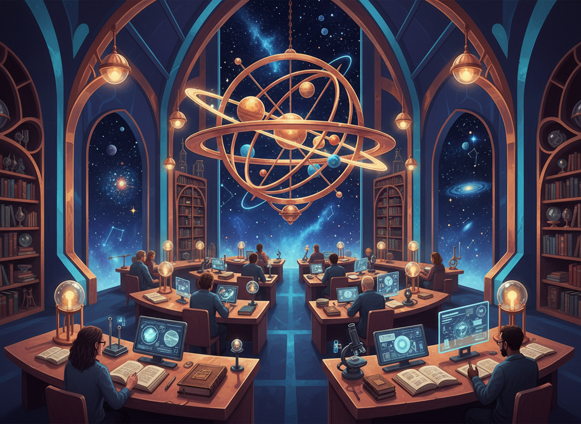 Luminous open learning hall with an orrery, books and curious learners.
